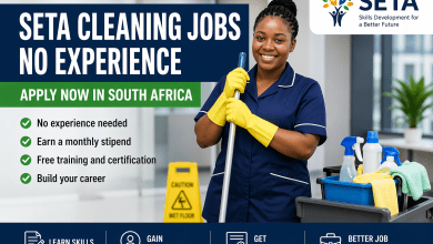 A smiling cleaner in uniform holding a mop with cleaning supplies, promoting SETA cleaning jobs in South Africa with no experience required, monthly stipend, and training opportunities.